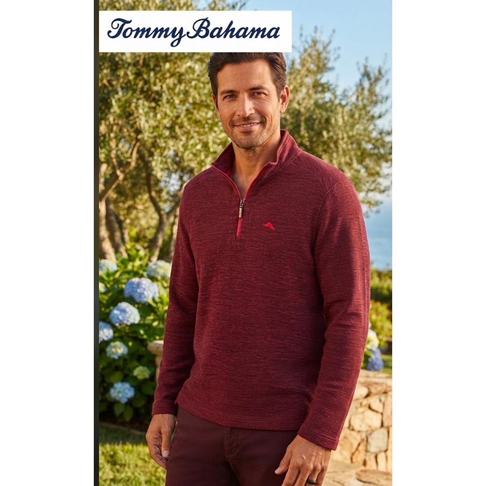 Tommy Bahama Mens Burgundy Heathered Quarter Zip Pullover Sweater Small